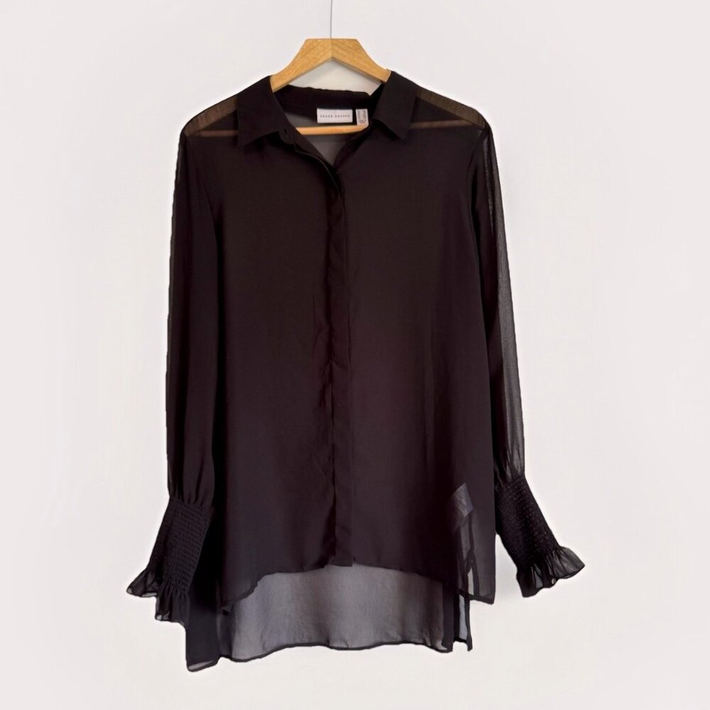 Susan Graver Black Sheer Button Up Top Size 14 Long Sleeve Minimalist Whimsigoth
